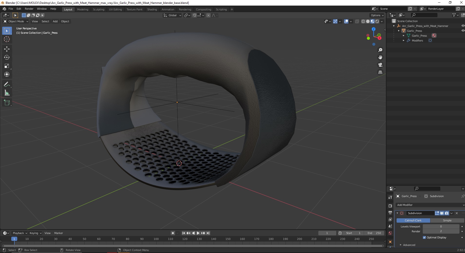 3D Arc Garlic Press with Meat Hammer model