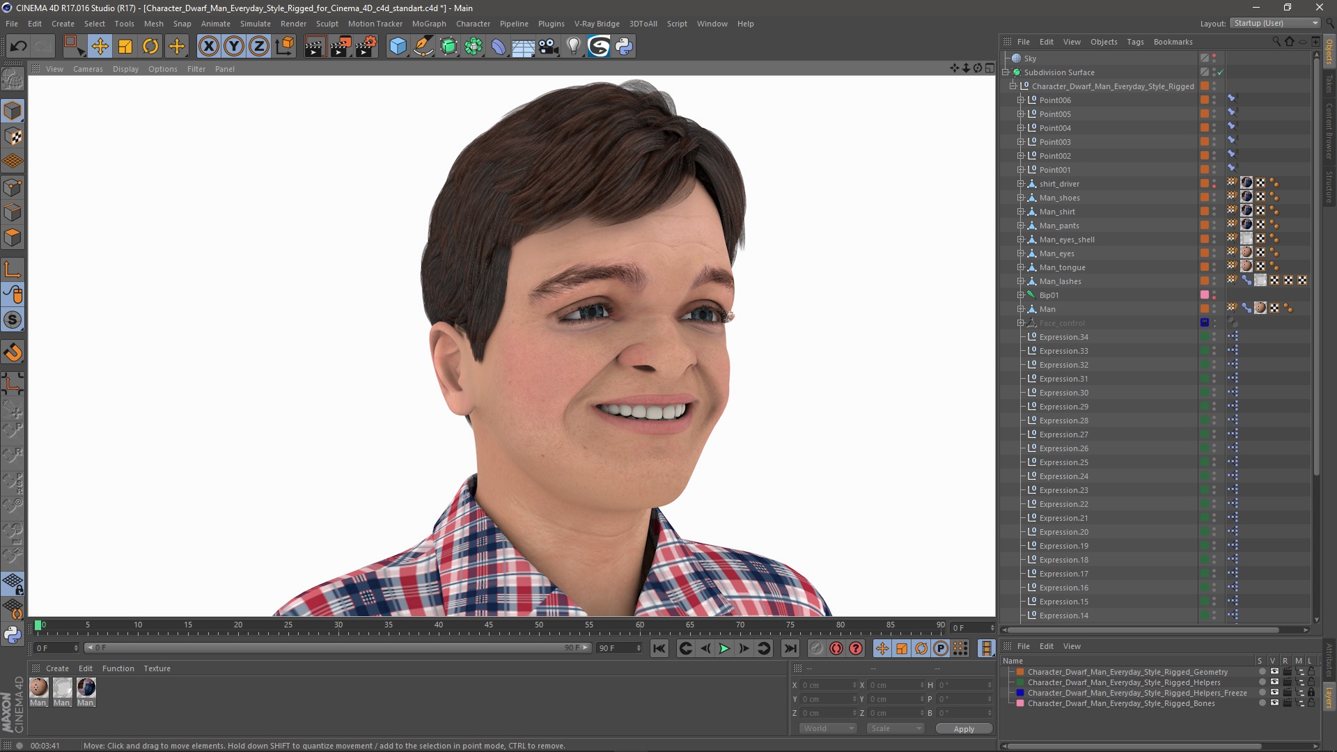 3D model Character Dwarf Man Everyday Style Rigged for Cinema 4D