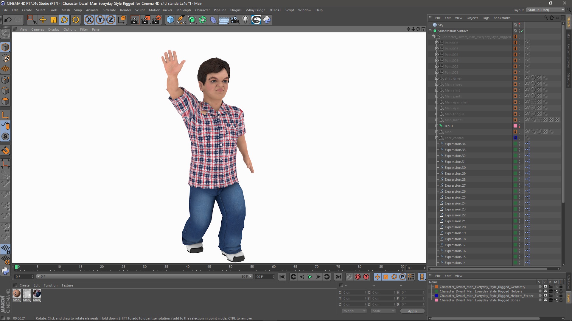 3D model Character Dwarf Man Everyday Style Rigged for Cinema 4D