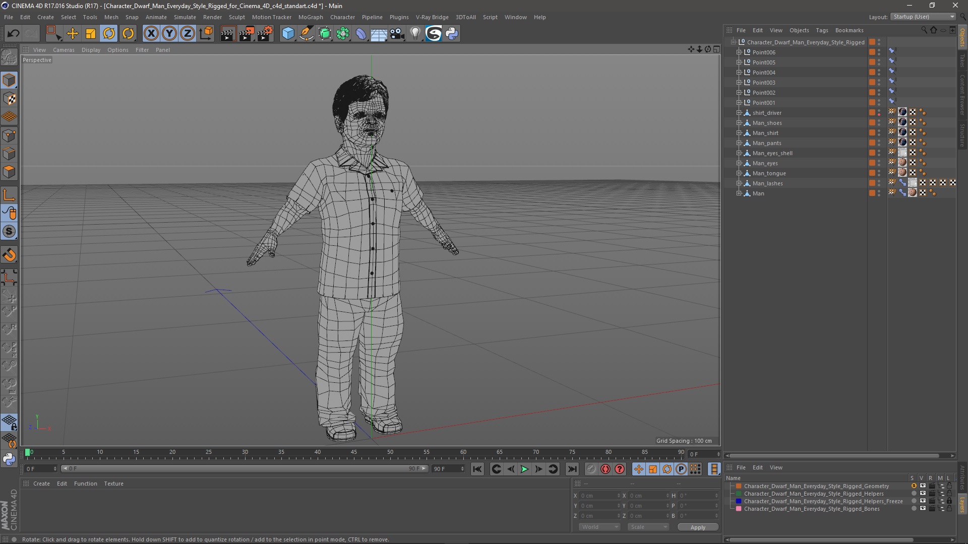 3D model Character Dwarf Man Everyday Style Rigged for Cinema 4D