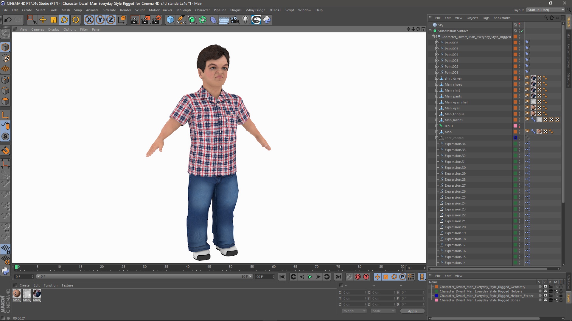 3D model Character Dwarf Man Everyday Style Rigged for Cinema 4D