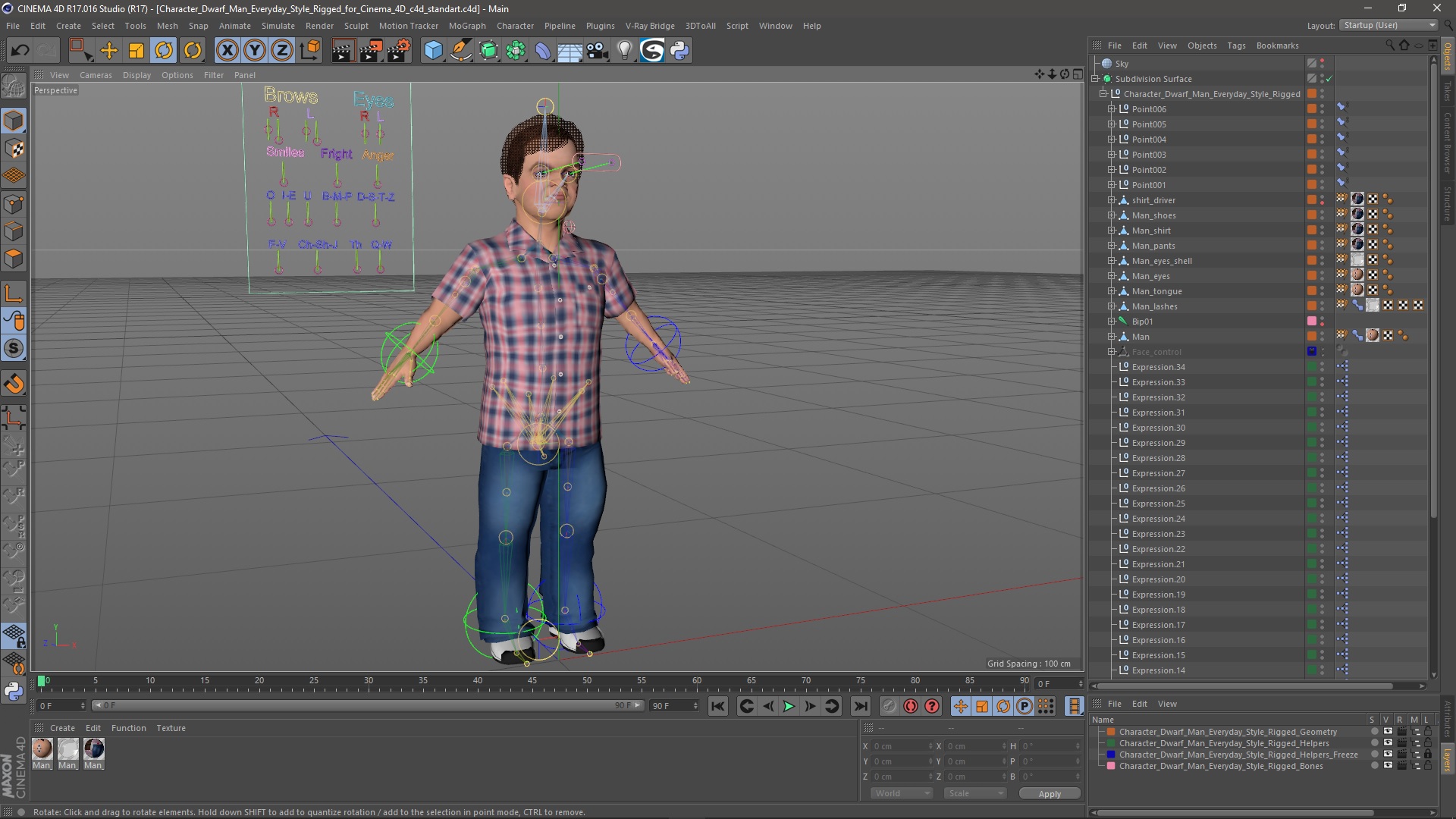 3D model Character Dwarf Man Everyday Style Rigged for Cinema 4D