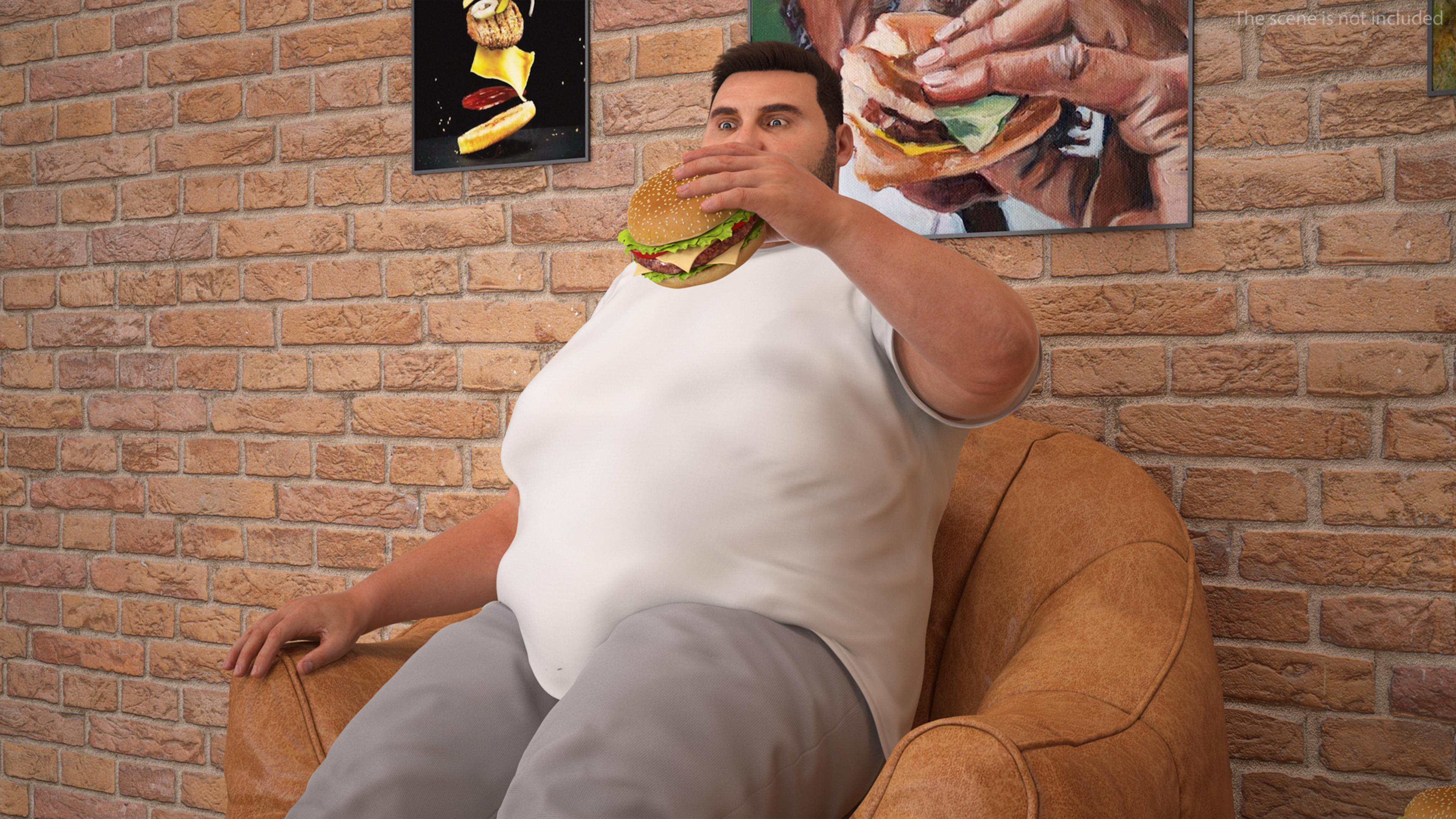 3D Fat Guy in a Chair Eating a Burger Fur model