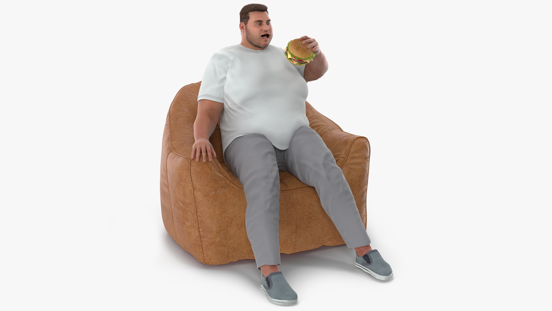 3D Fat Guy in a Chair Eating a Burger Fur model
