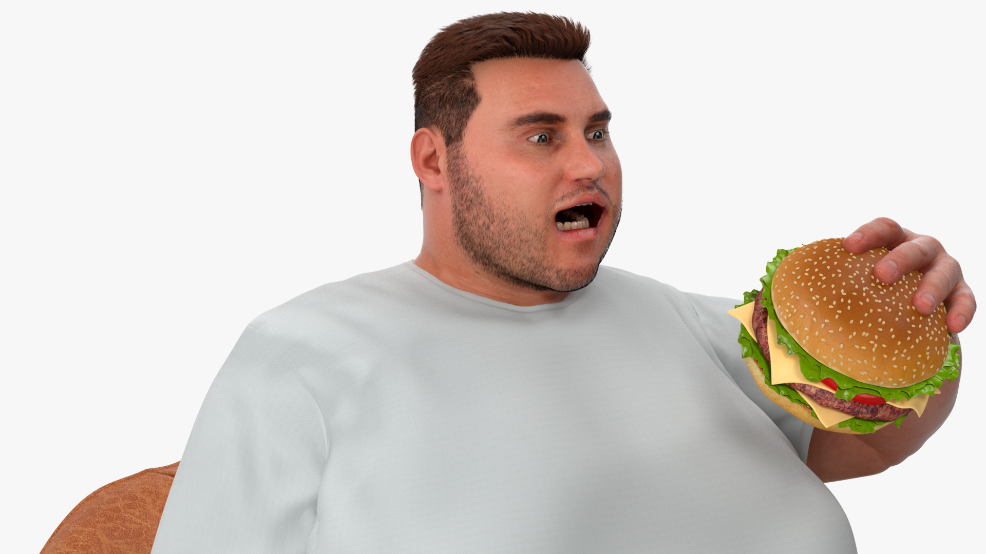3D Fat Guy in a Chair Eating a Burger Fur model