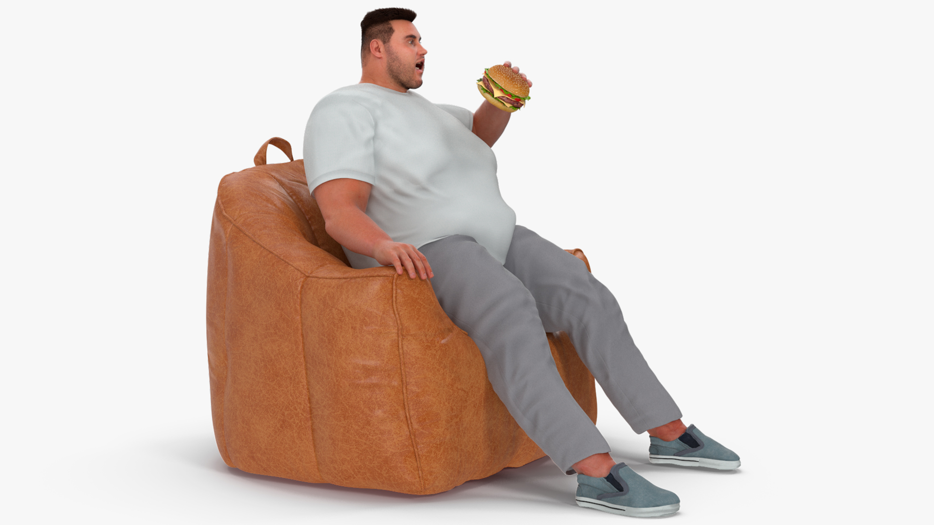 3D Fat Guy in a Chair Eating a Burger Fur model