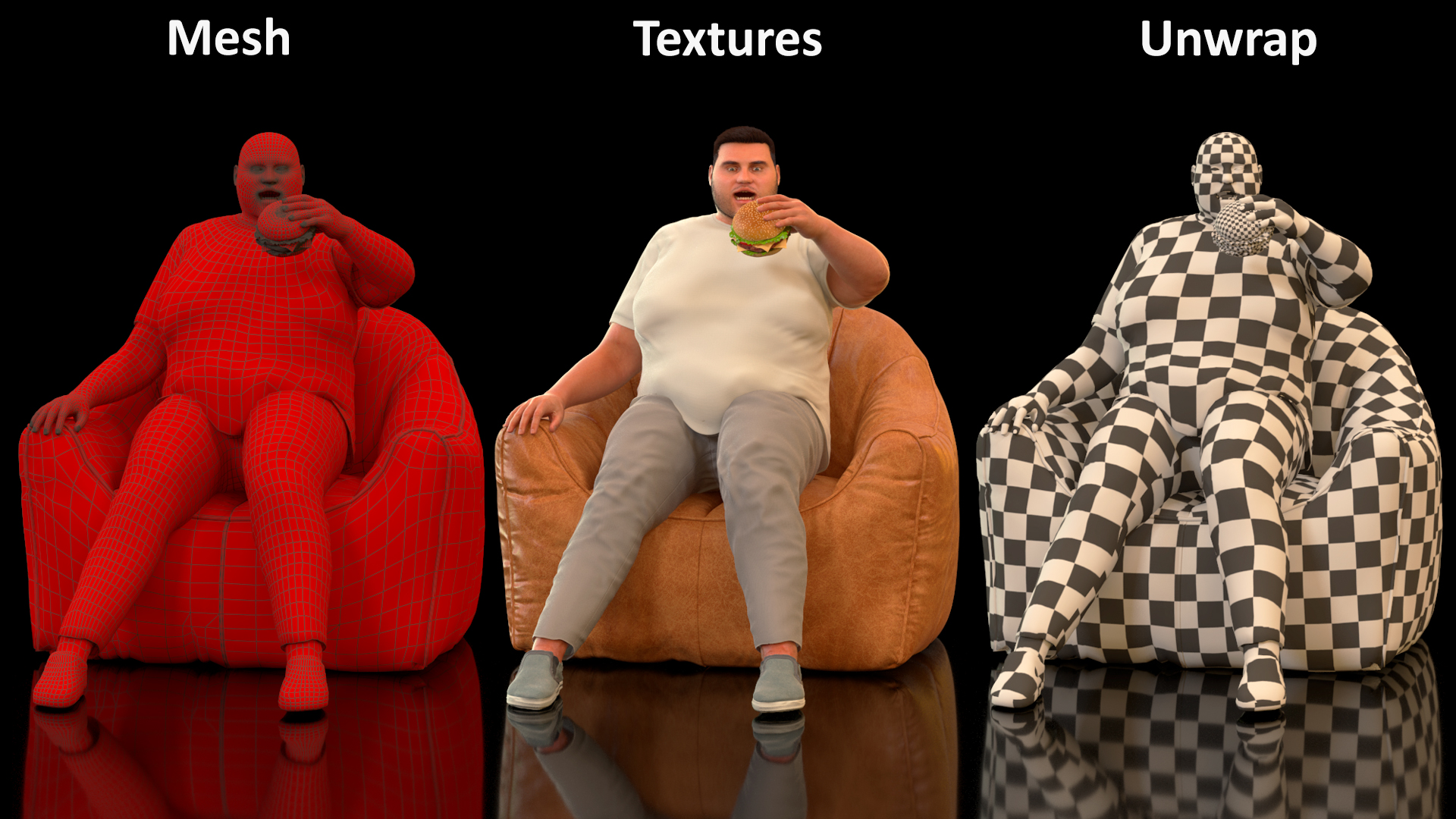 3D Fat Guy in a Chair Eating a Burger Fur model