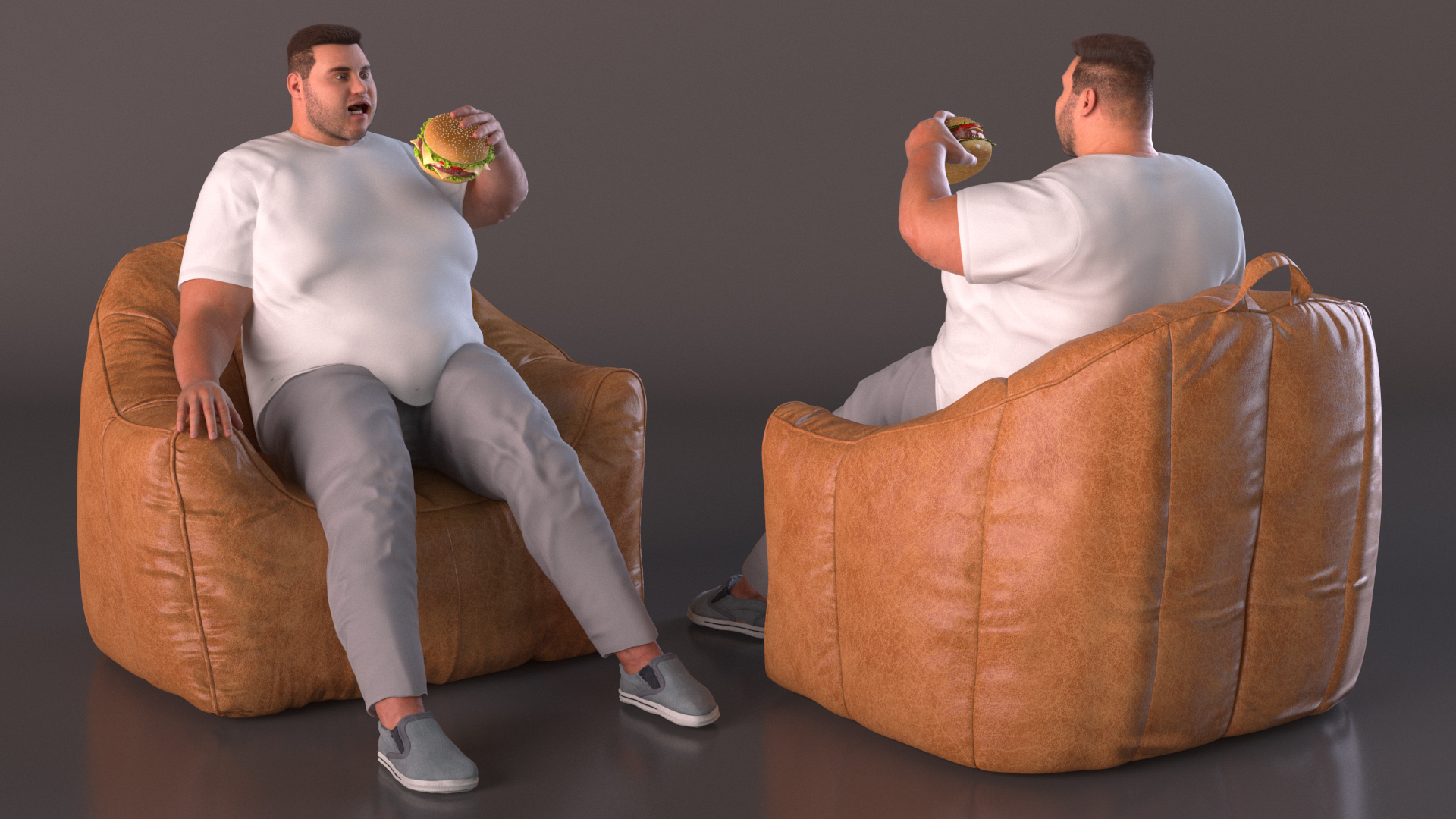 3D Fat Guy in a Chair Eating a Burger Fur model