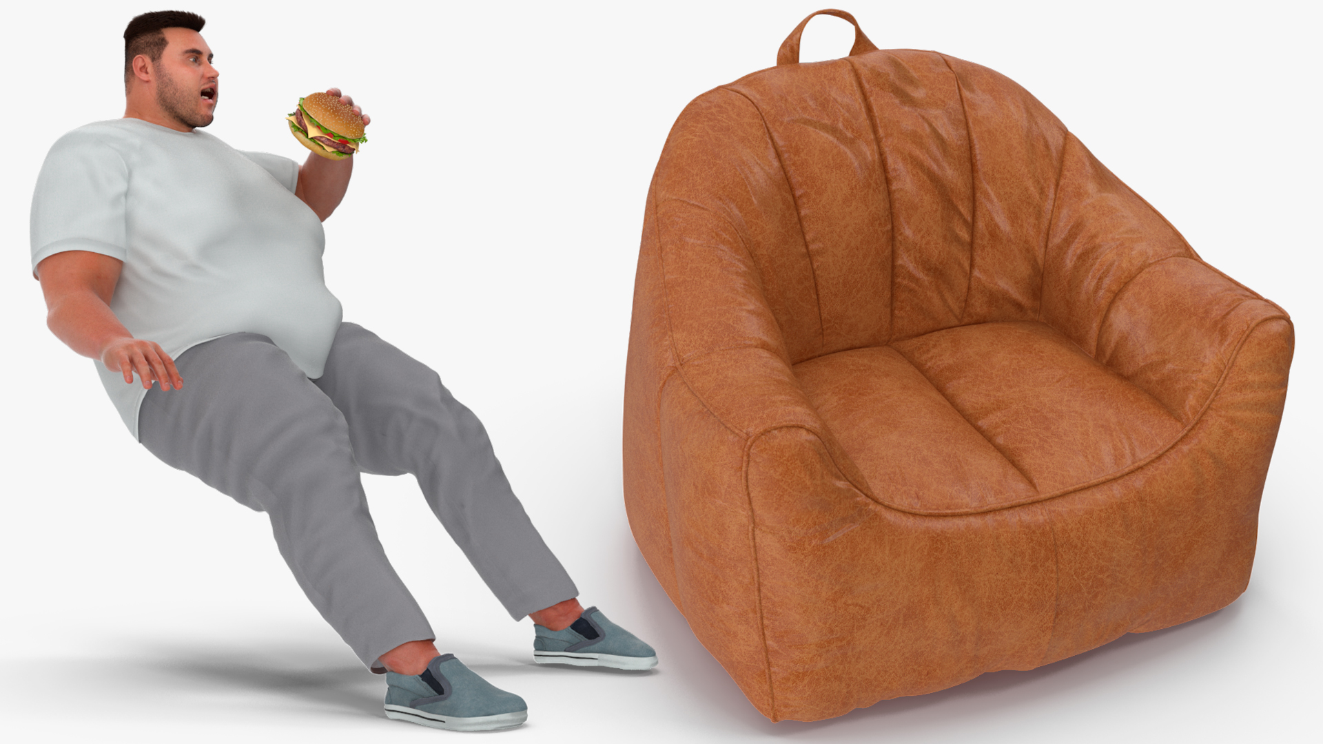 3D Fat Guy in a Chair Eating a Burger Fur model