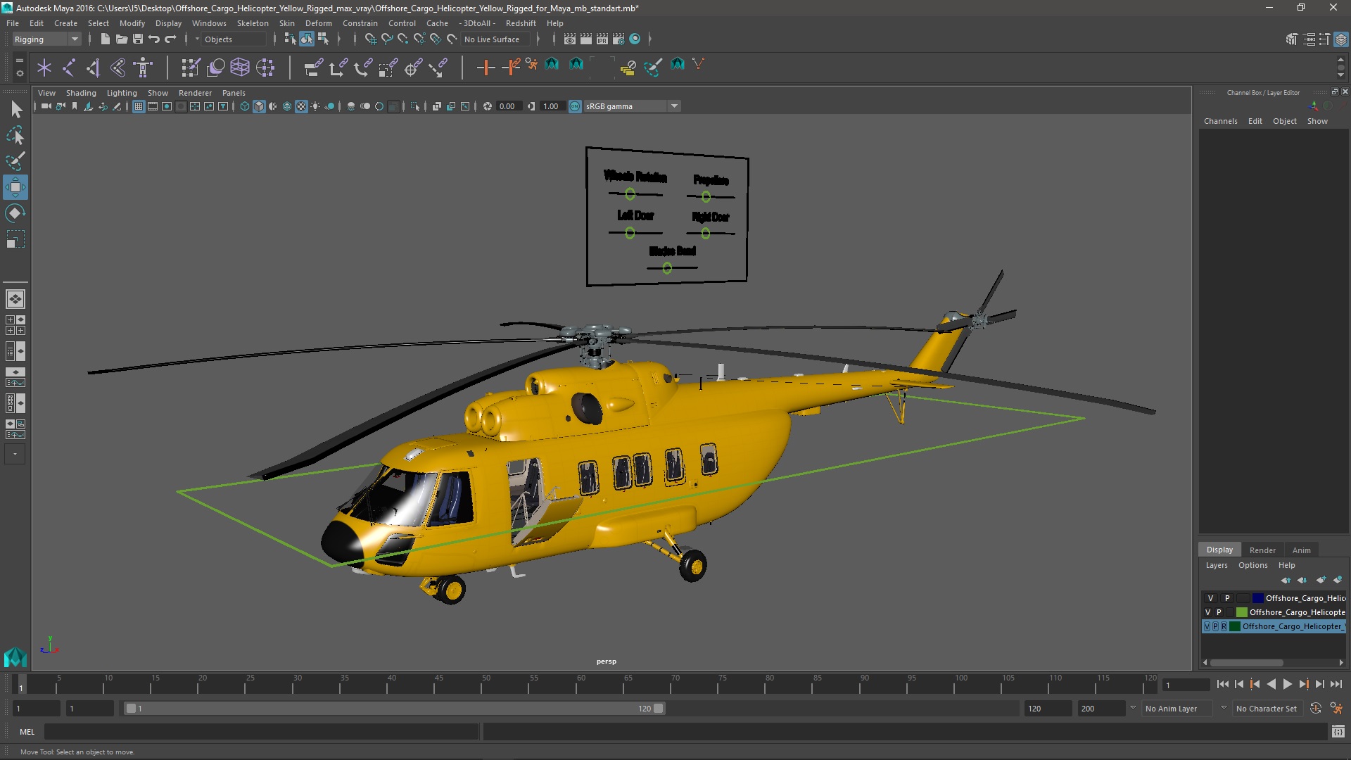 3D Offshore Cargo Helicopter Yellow Rigged for Maya model