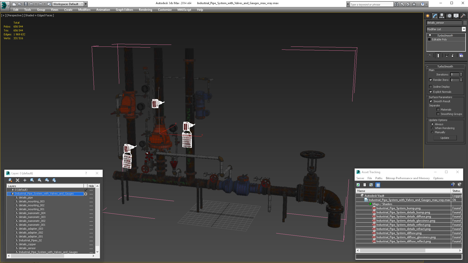 3D model Industrial Pipe System with Valves and Gauges