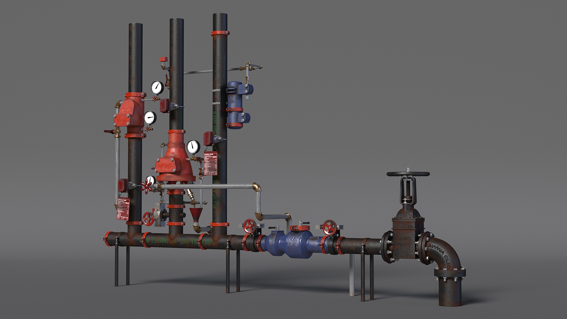 3D model Industrial Pipe System with Valves and Gauges