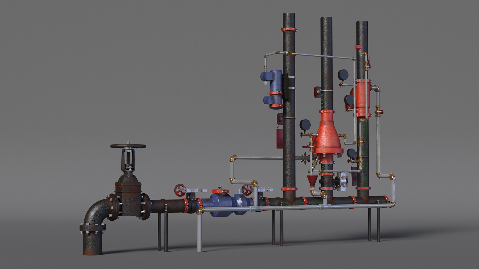 3D model Industrial Pipe System with Valves and Gauges
