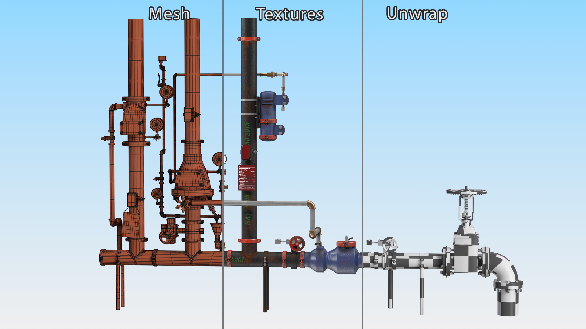 3D model Industrial Pipe System with Valves and Gauges