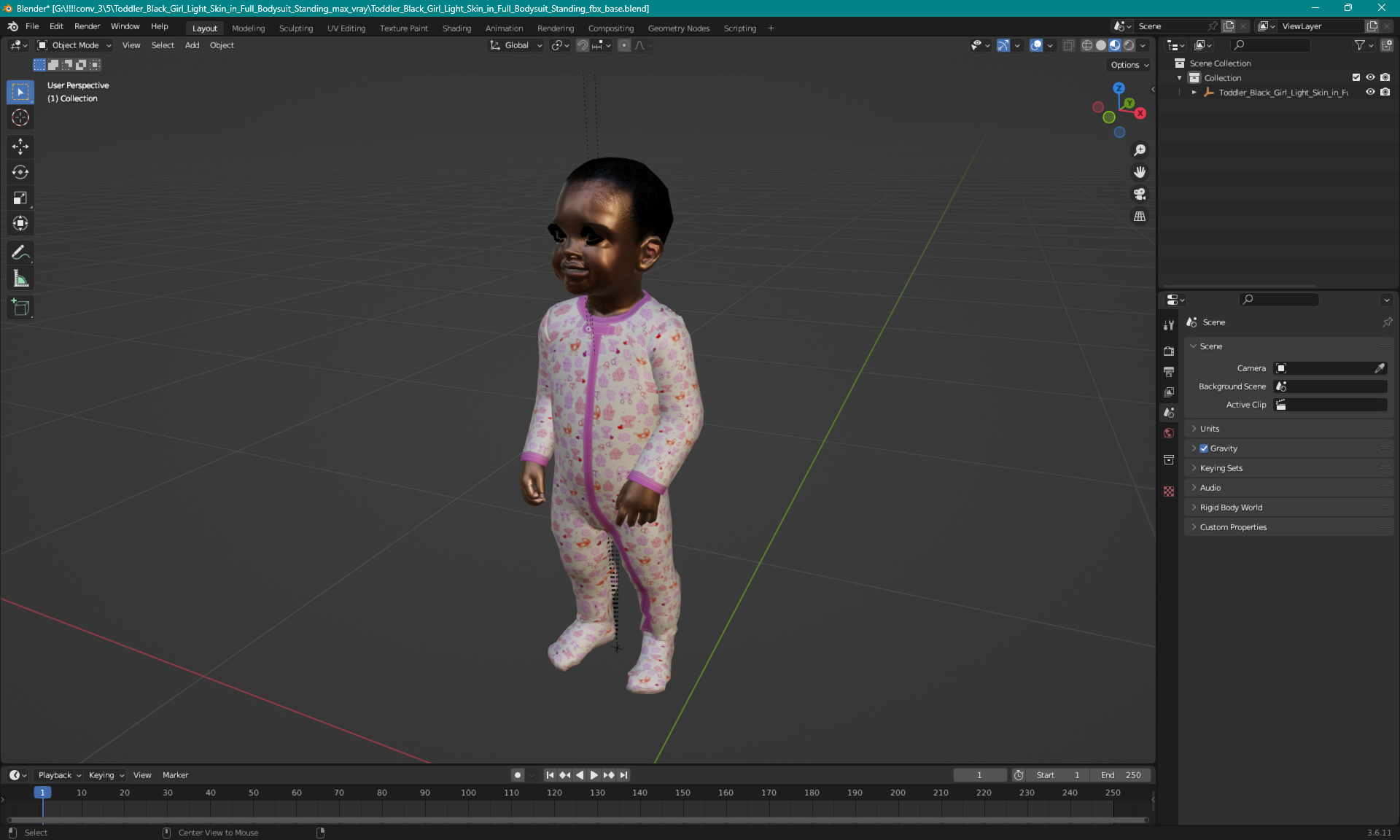 3D Toddler Black Girl Light Skin in Summer Standing model