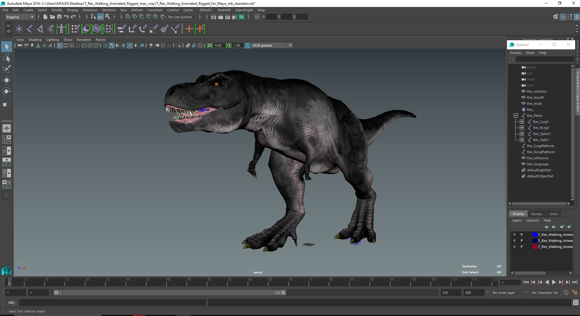 3D T Rex Walking Animated Rigged for Maya model