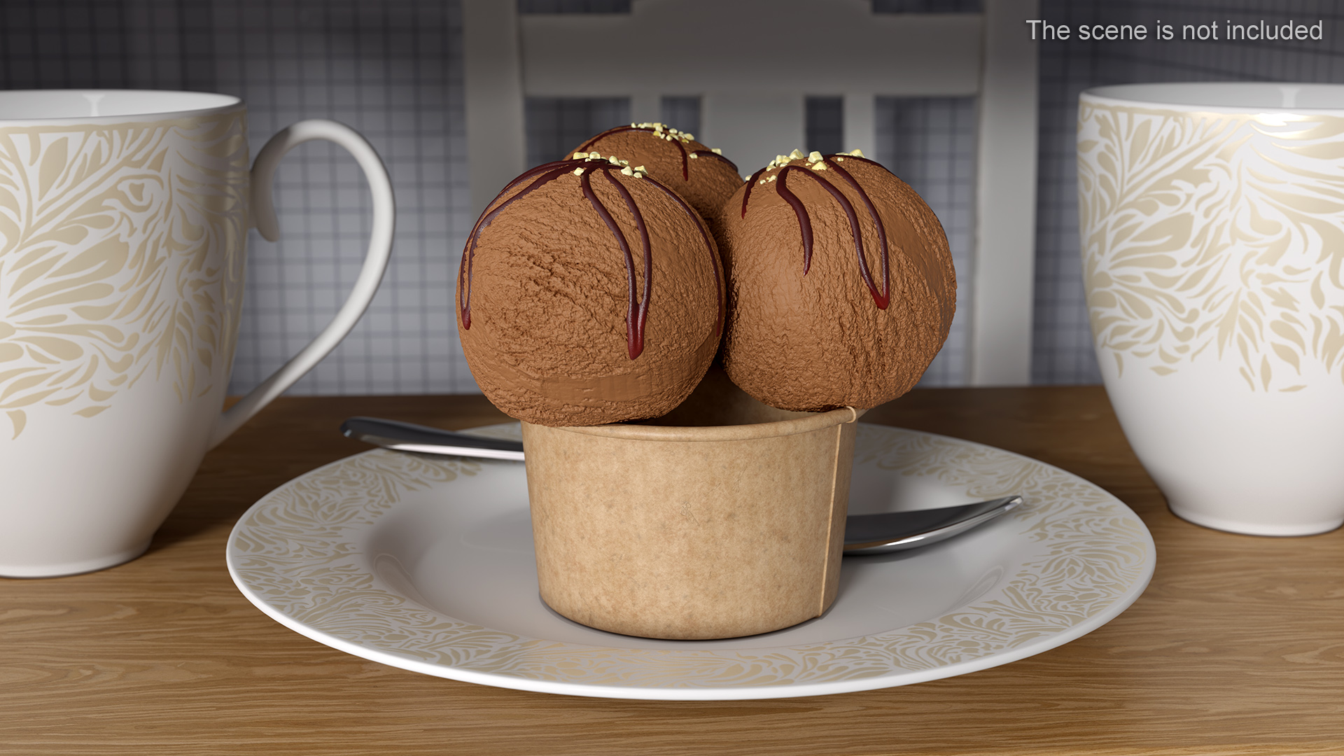 Ice Cream Chocolate Balls with Nuts in Cardboard Cup 3D