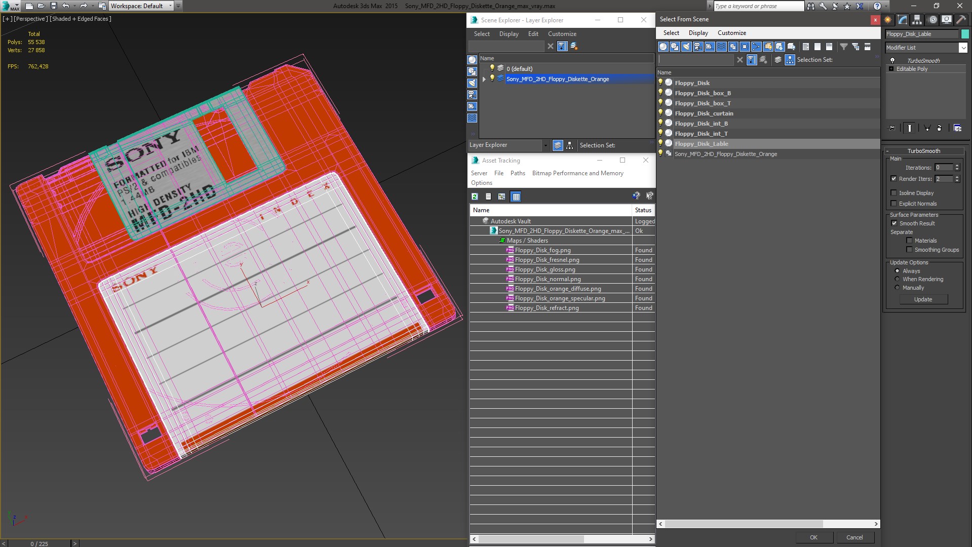 3D model Sony MFD 2HD Floppy Diskette Orange