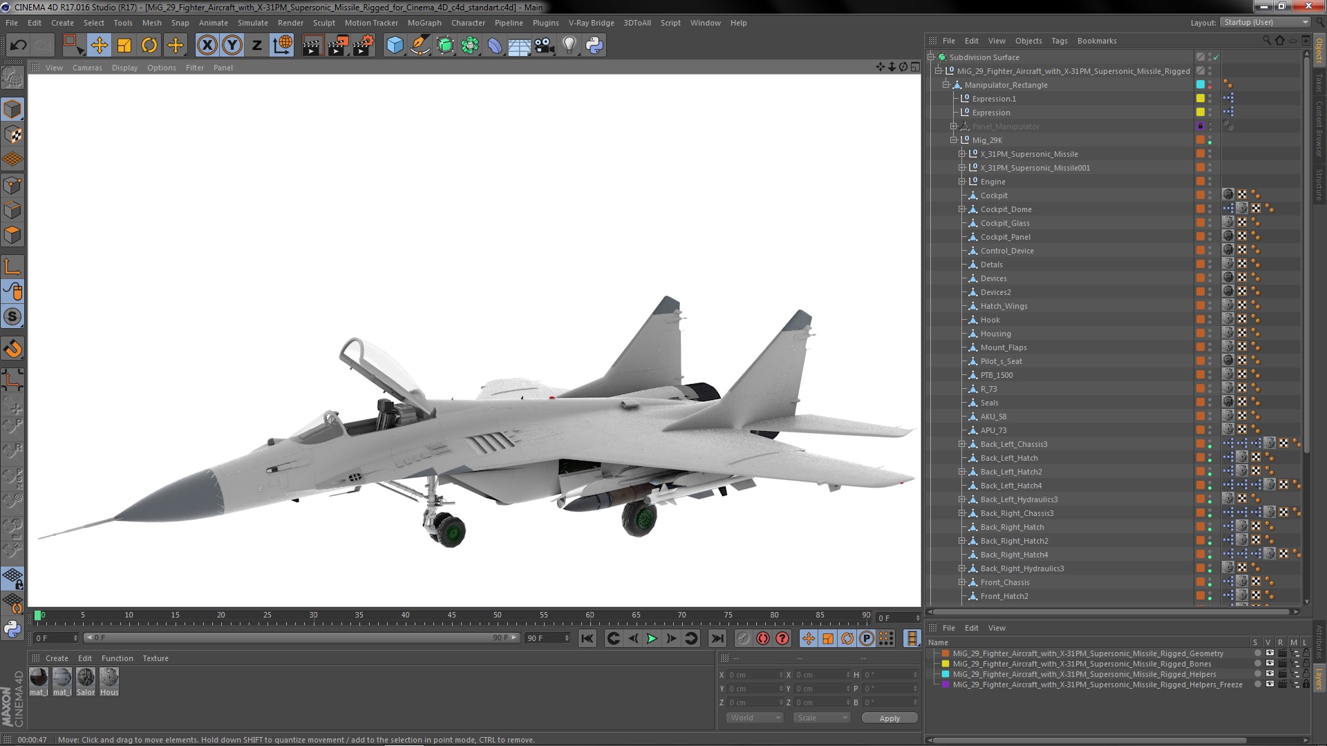 3D model MiG 29 Fighter Aircraft with X-31PM Supersonic Missile Rigged for Cinema 4D