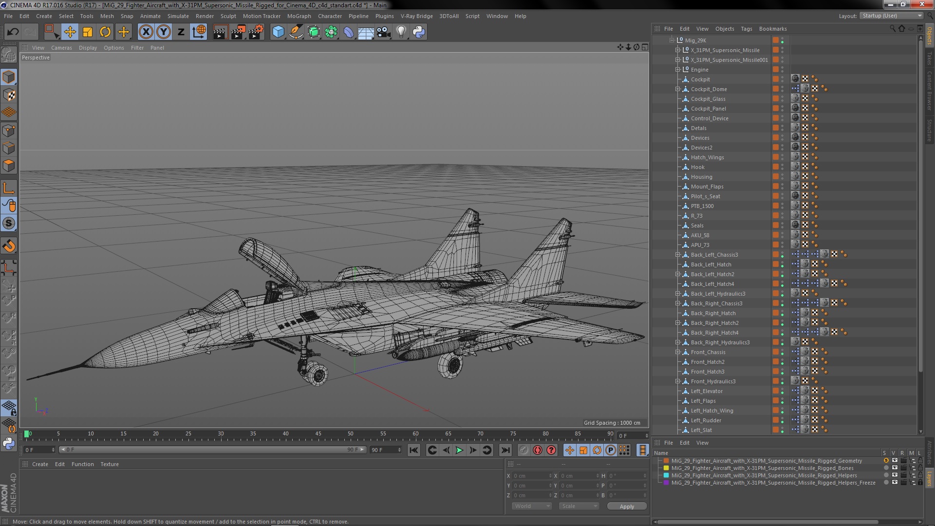 3D model MiG 29 Fighter Aircraft with X-31PM Supersonic Missile Rigged for Cinema 4D