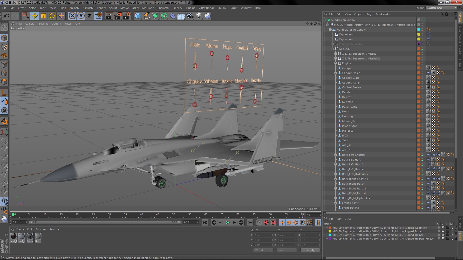 3D model MiG 29 Fighter Aircraft with X-31PM Supersonic Missile Rigged for Cinema 4D