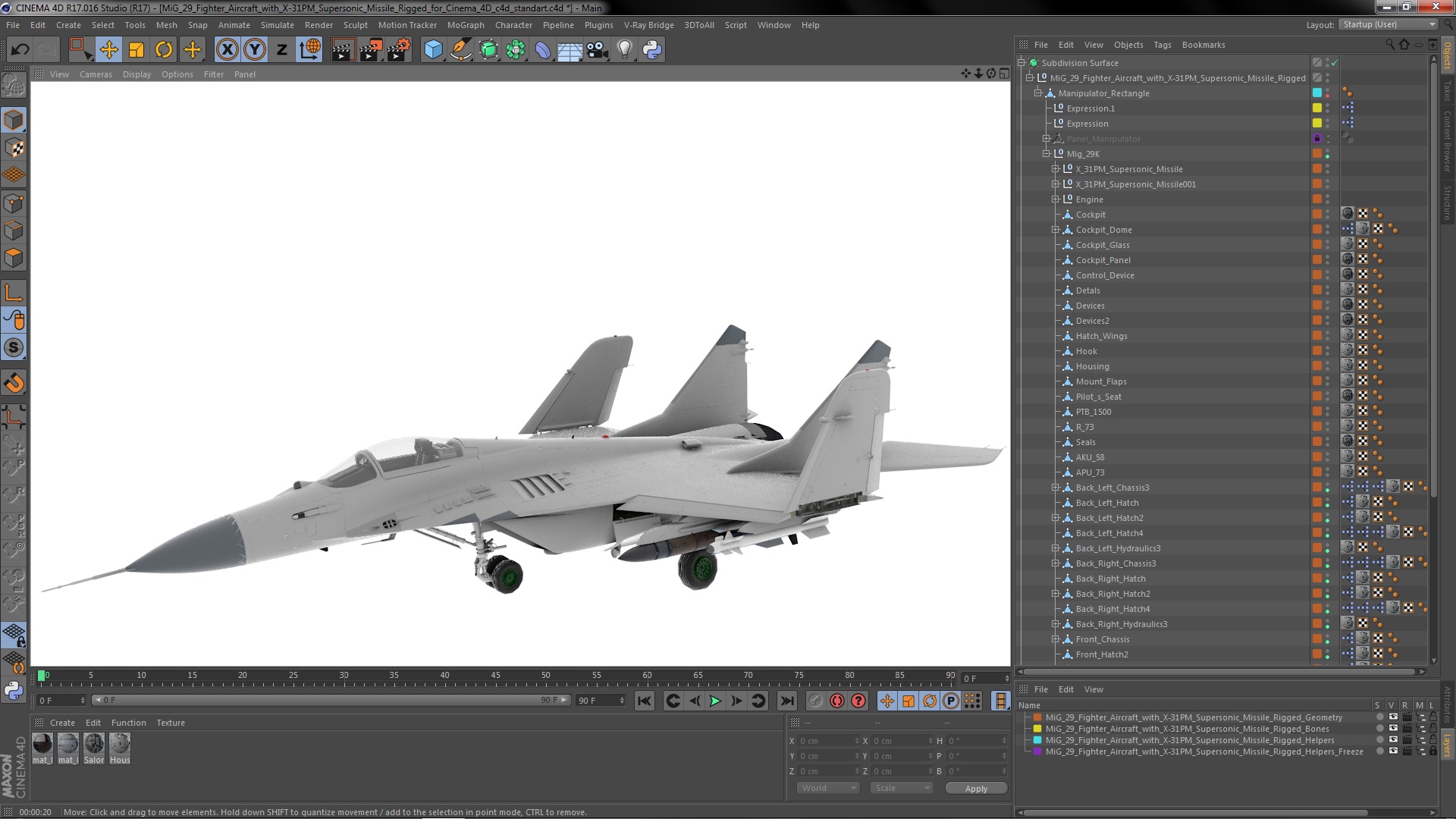 3D model MiG 29 Fighter Aircraft with X-31PM Supersonic Missile Rigged for Cinema 4D