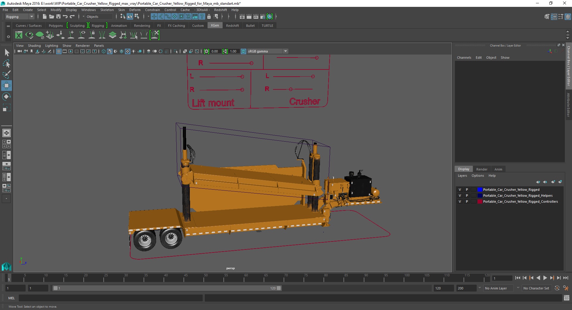3D Portable Car Crusher Yellow Rigged for Maya model