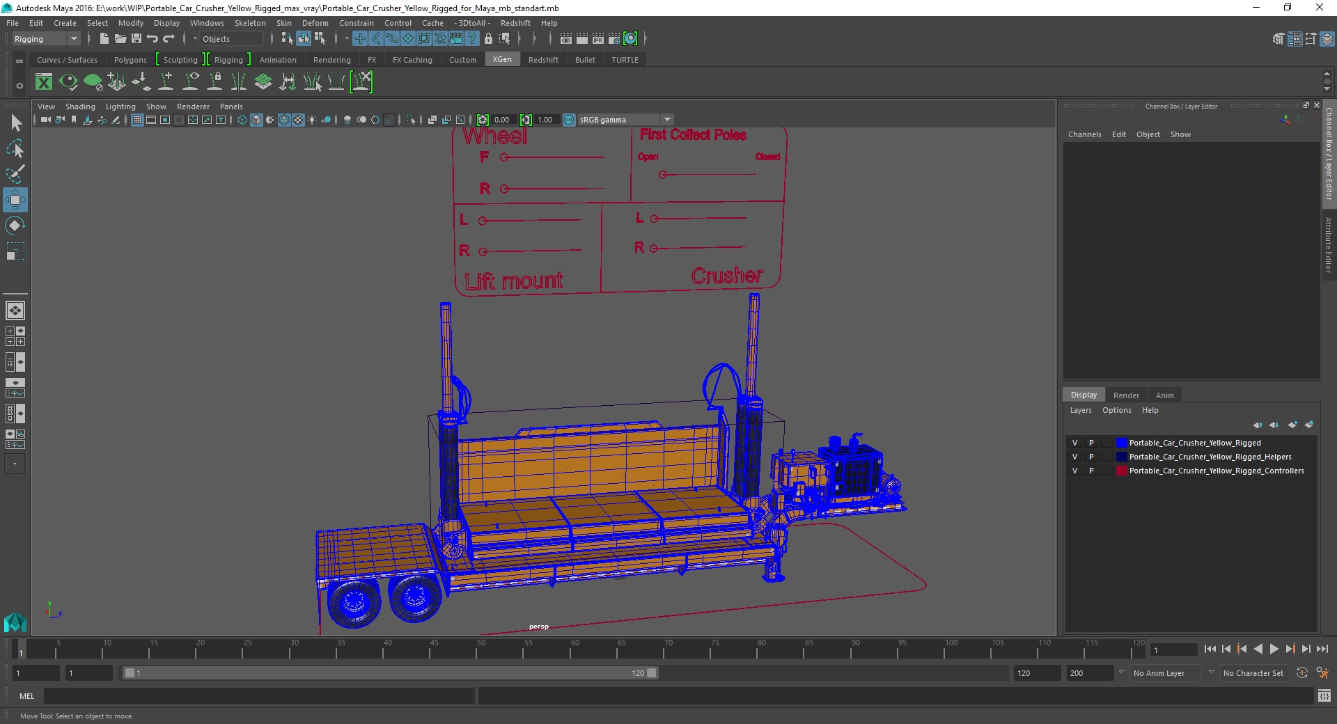 3D Portable Car Crusher Yellow Rigged for Maya model
