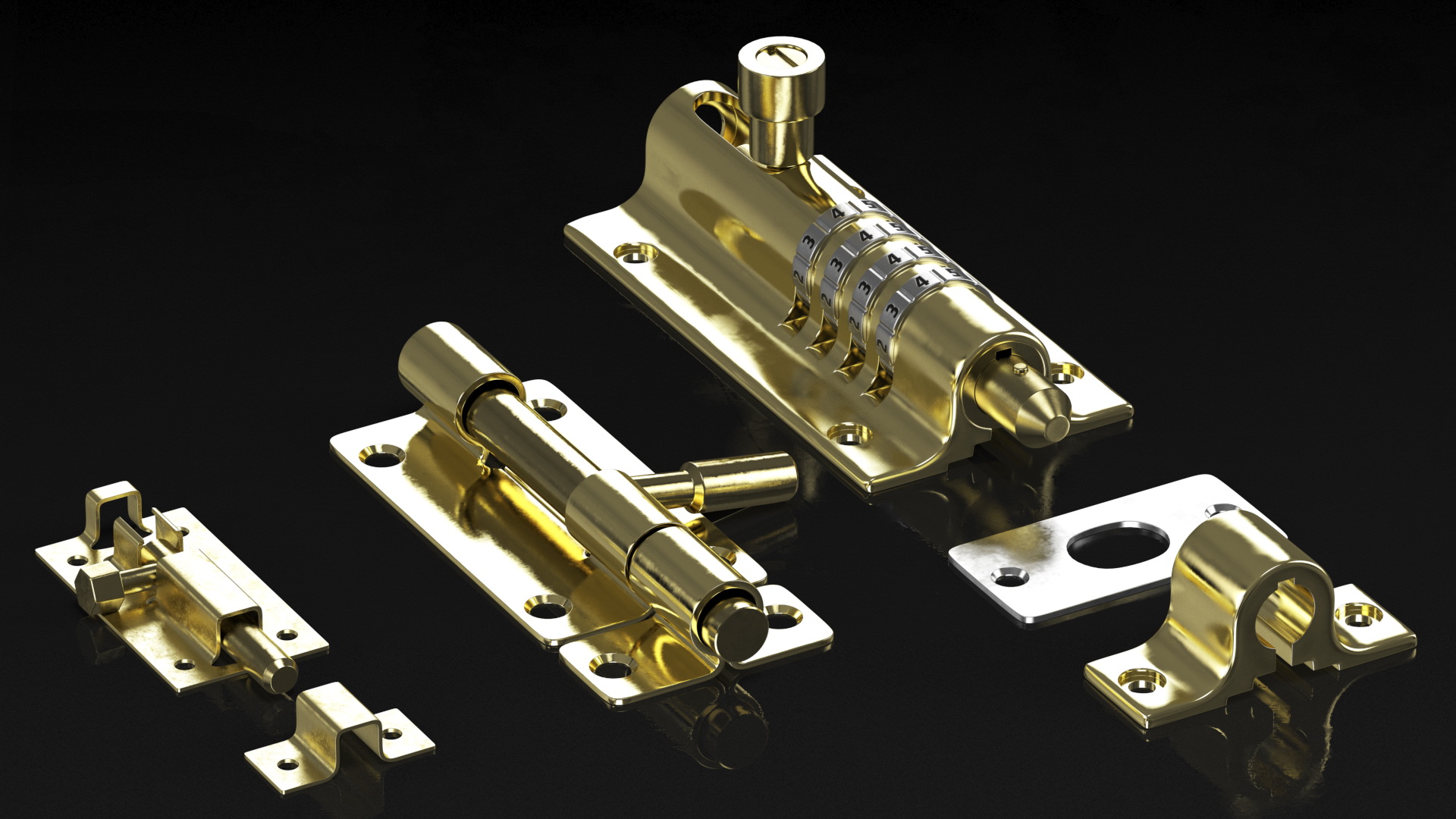 3D Brass Sliding Door Locks Set model