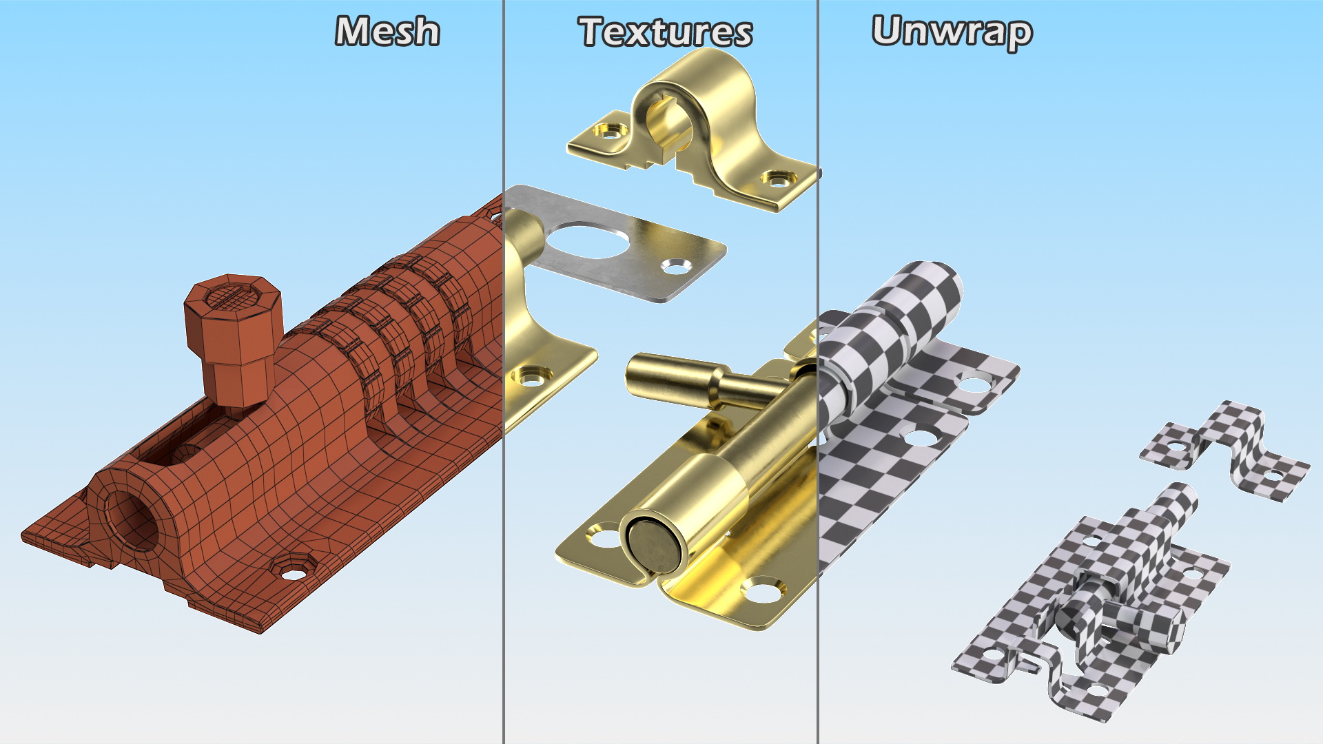 3D Brass Sliding Door Locks Set model