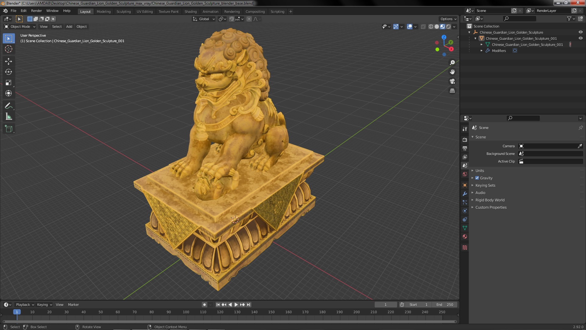 3D Chinese Guardian Lion Golden Sculpture model