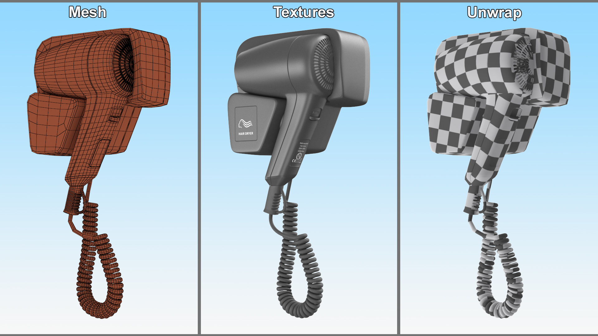Black Wall Mounted Hair Dryer 3D model