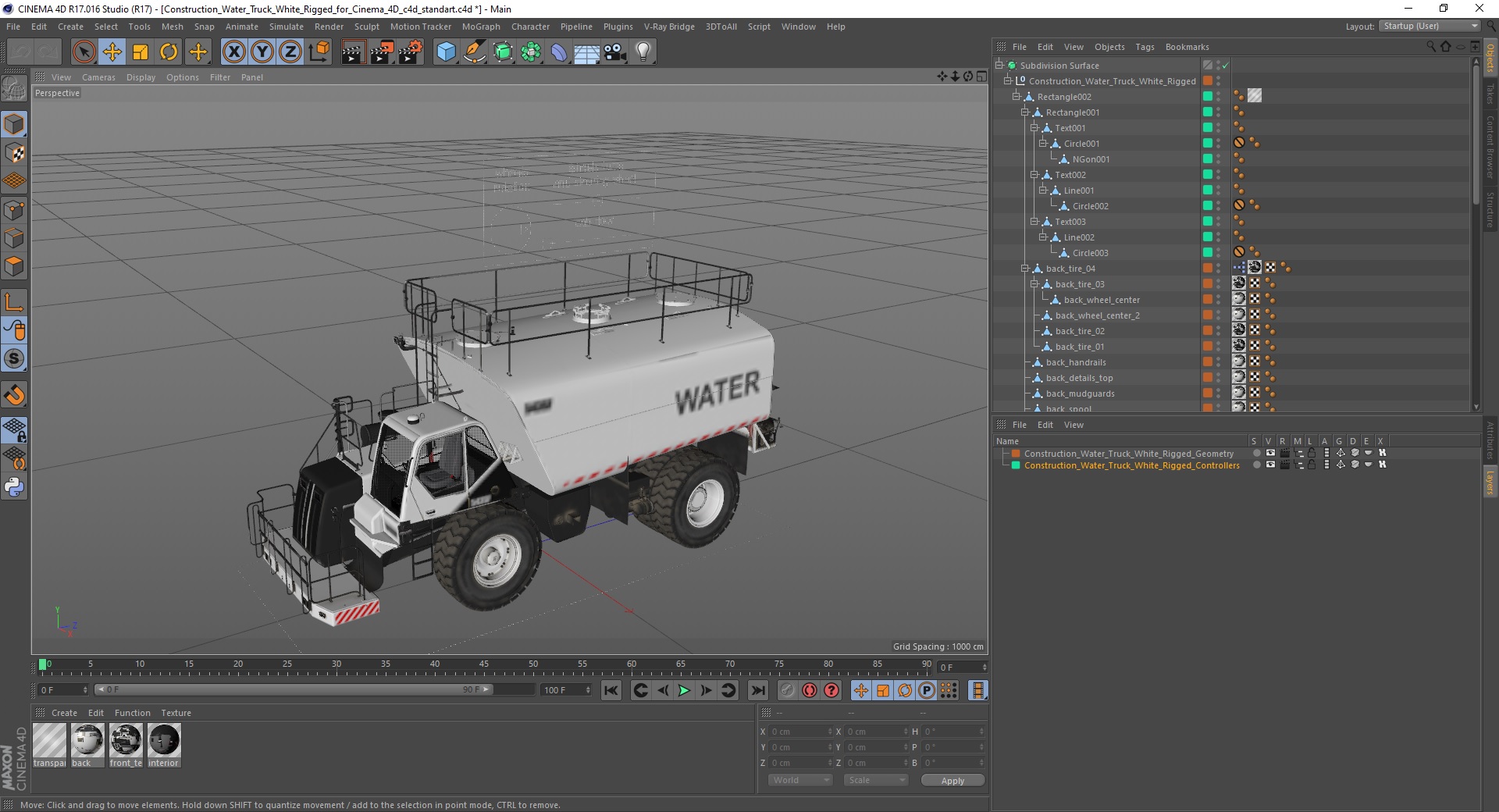 3D Construction Water Truck White Rigged for Cinema 4D
