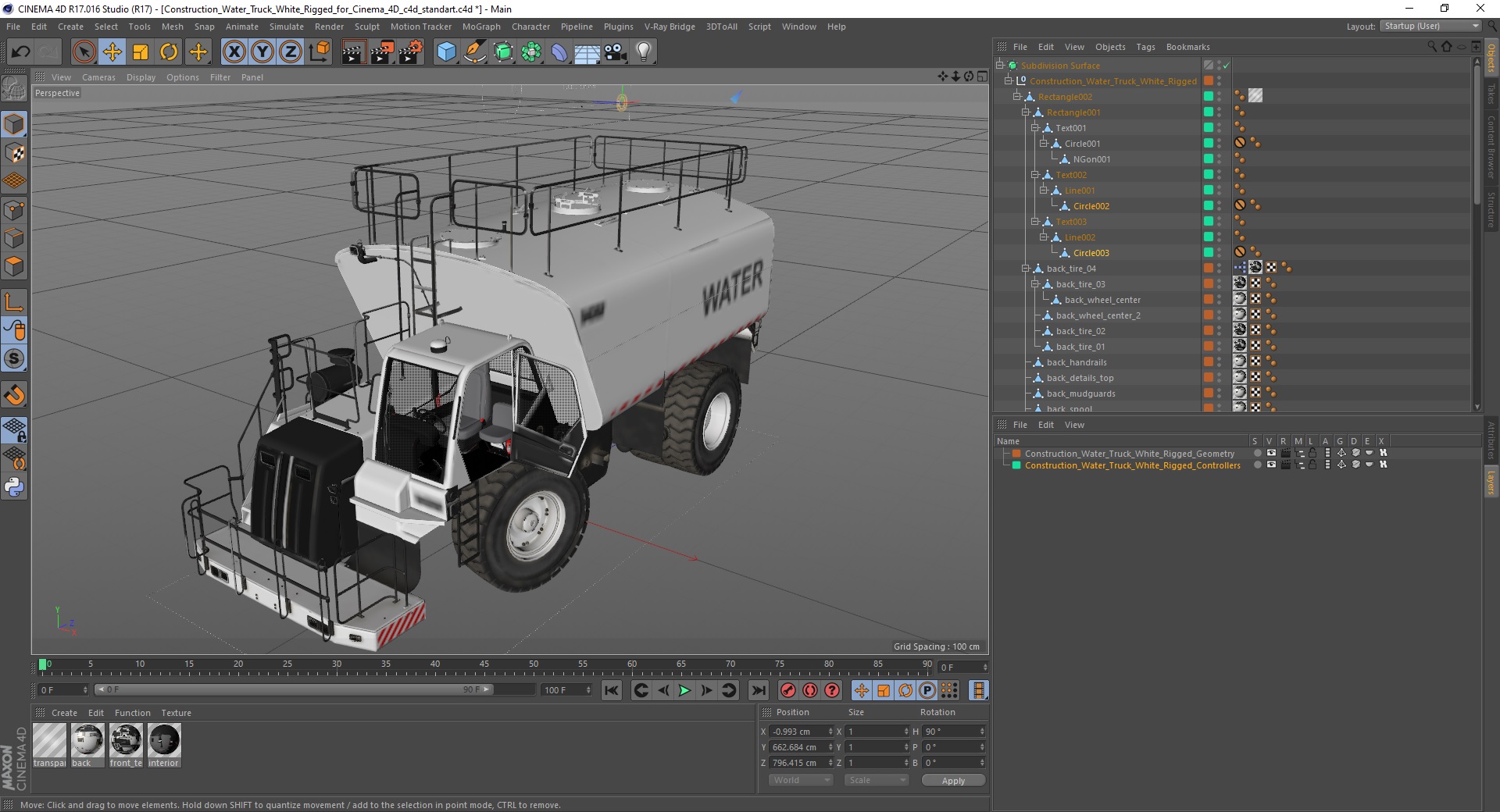 3D Construction Water Truck White Rigged for Cinema 4D