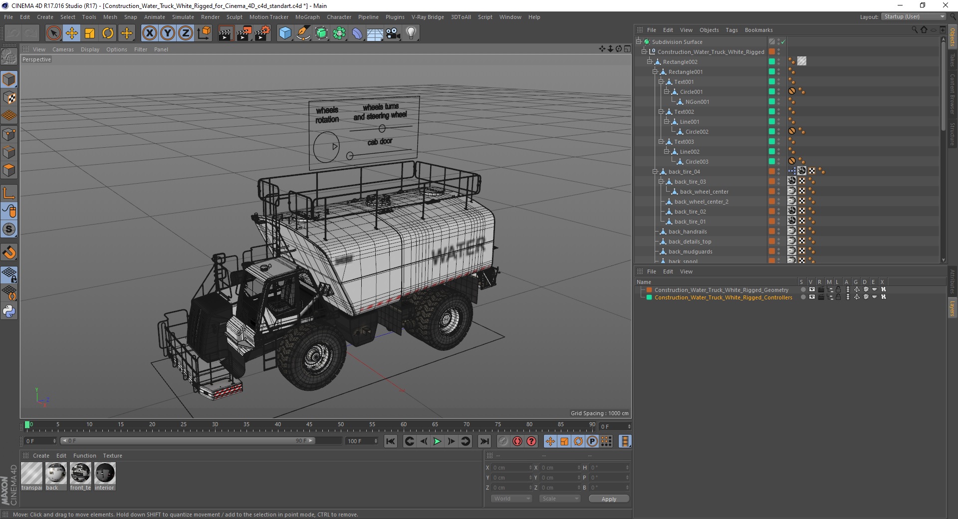 3D Construction Water Truck White Rigged for Cinema 4D