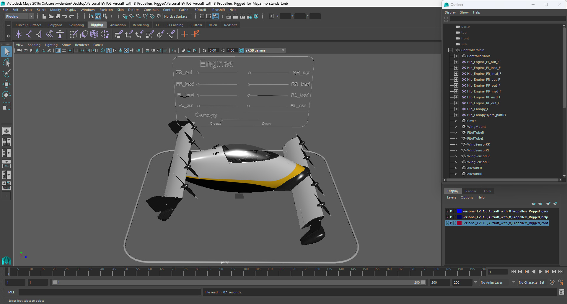 Personal EVTOL Aircraft with 8 Propellers Rigged for Maya 3D
