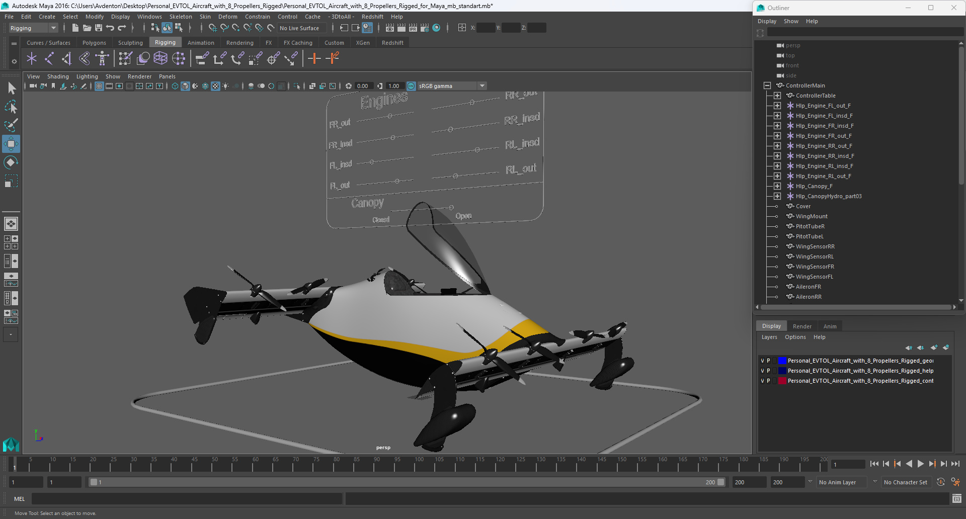 Personal EVTOL Aircraft with 8 Propellers Rigged for Maya 3D