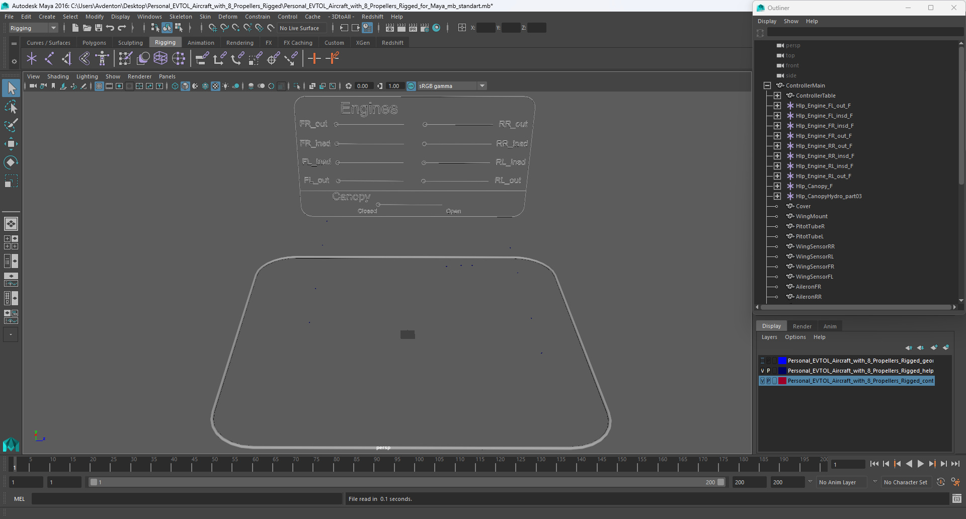 Personal EVTOL Aircraft with 8 Propellers Rigged for Maya 3D