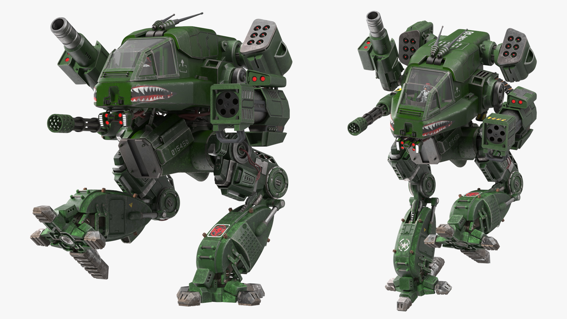 Worn Walking Combat Dark Green Robot with Pilot Rigged 3D model