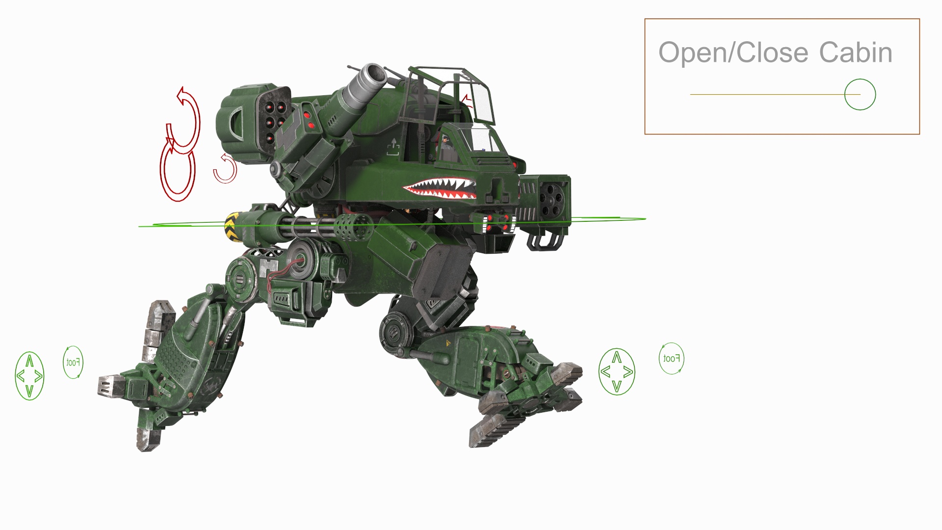 Worn Walking Combat Dark Green Robot with Pilot Rigged 3D model