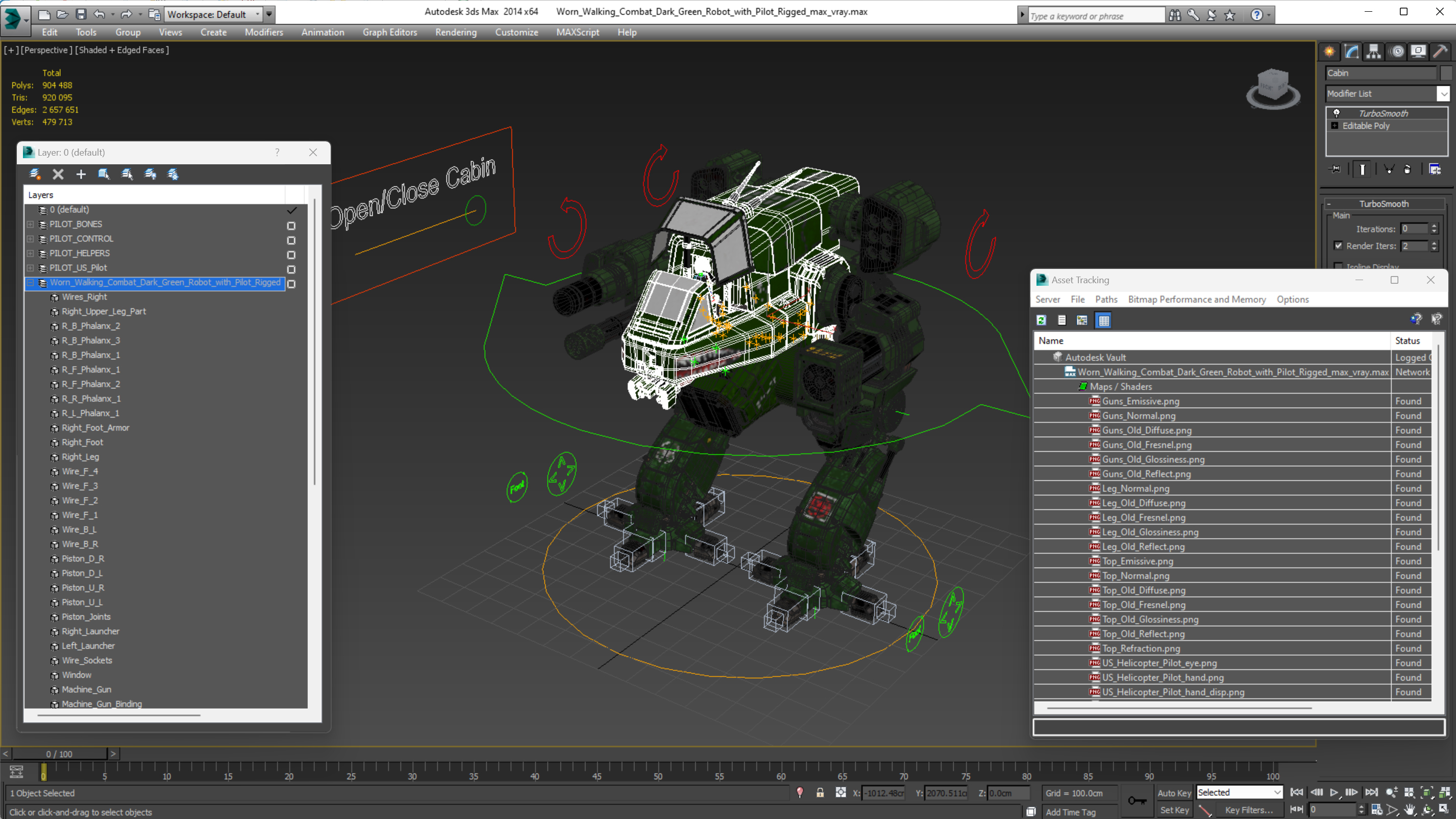 Worn Walking Combat Dark Green Robot with Pilot Rigged 3D model