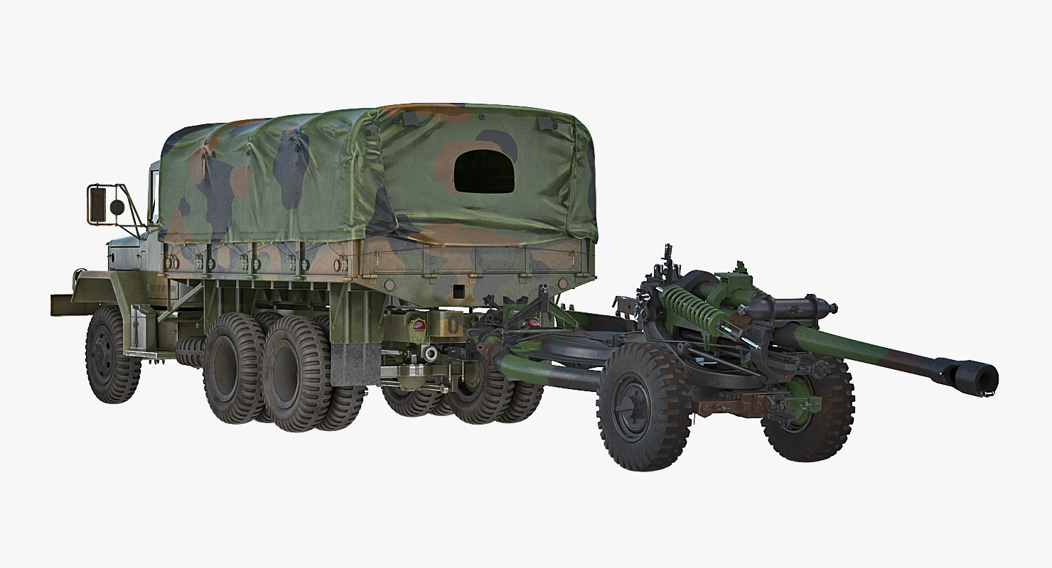 3D US Military Truck m35a2 with Field Howitzer M119 model
