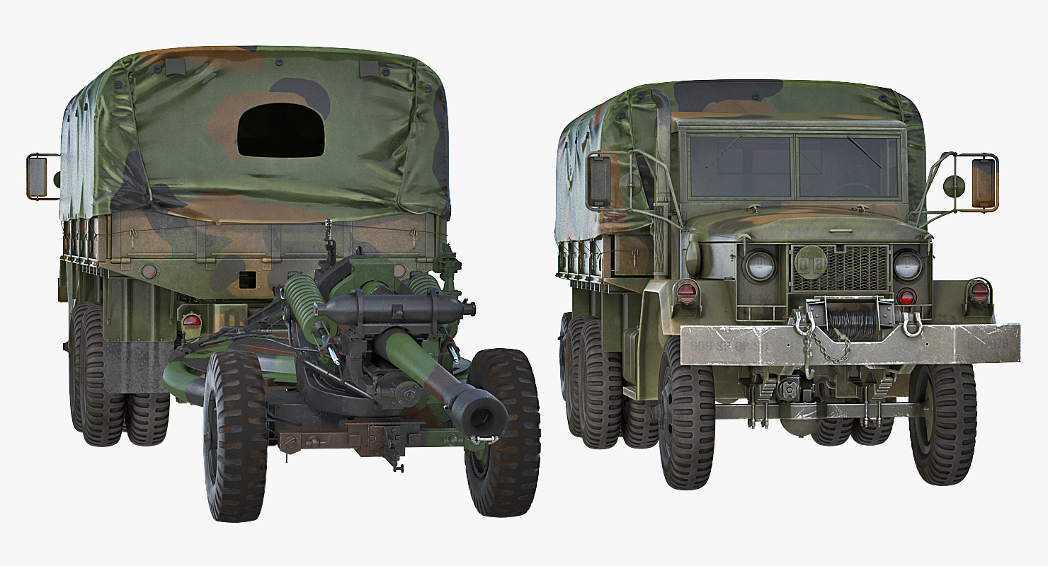 3D US Military Truck m35a2 with Field Howitzer M119 model