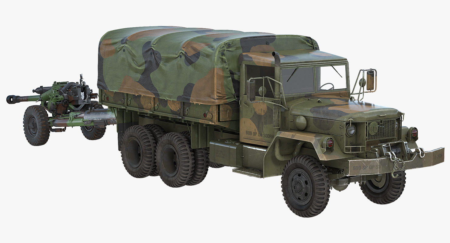 3D US Military Truck m35a2 with Field Howitzer M119 model