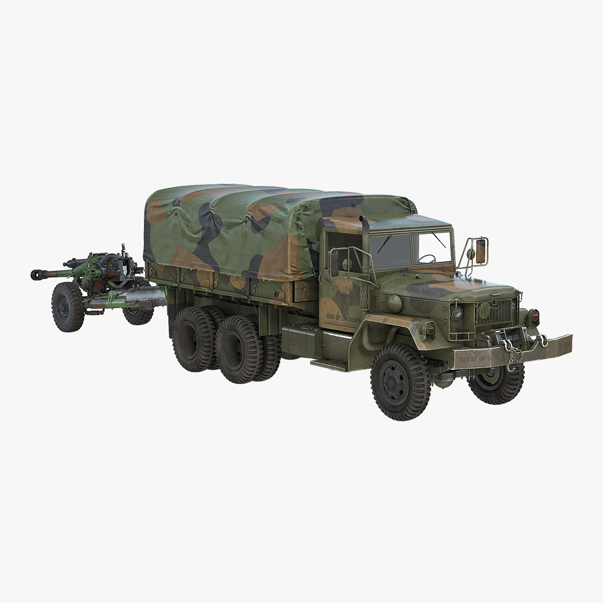 3D US Military Truck m35a2 with Field Howitzer M119 model