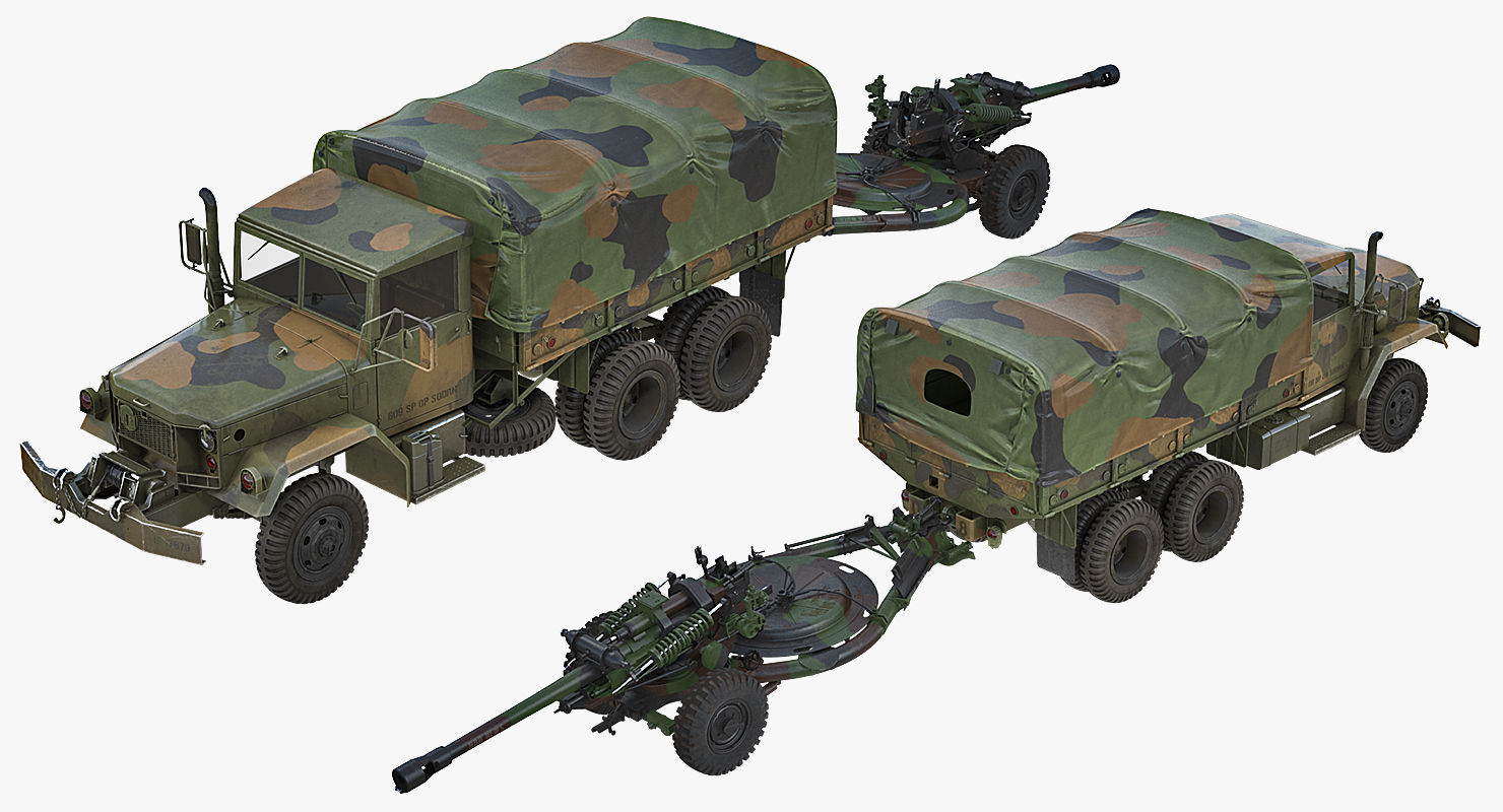 3D US Military Truck m35a2 with Field Howitzer M119 model