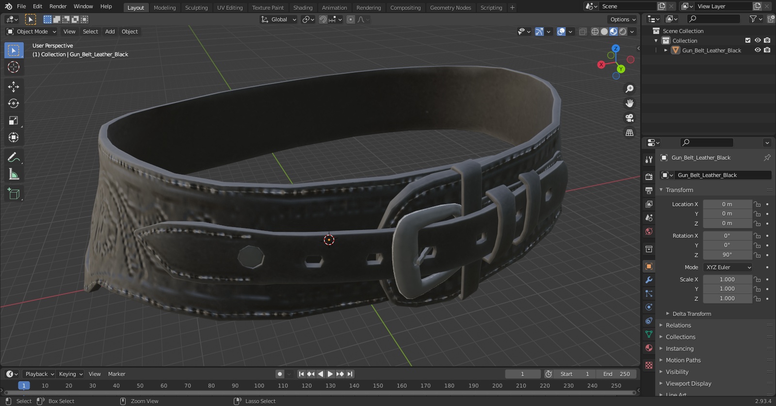 Gun Belt Leather Black 3D