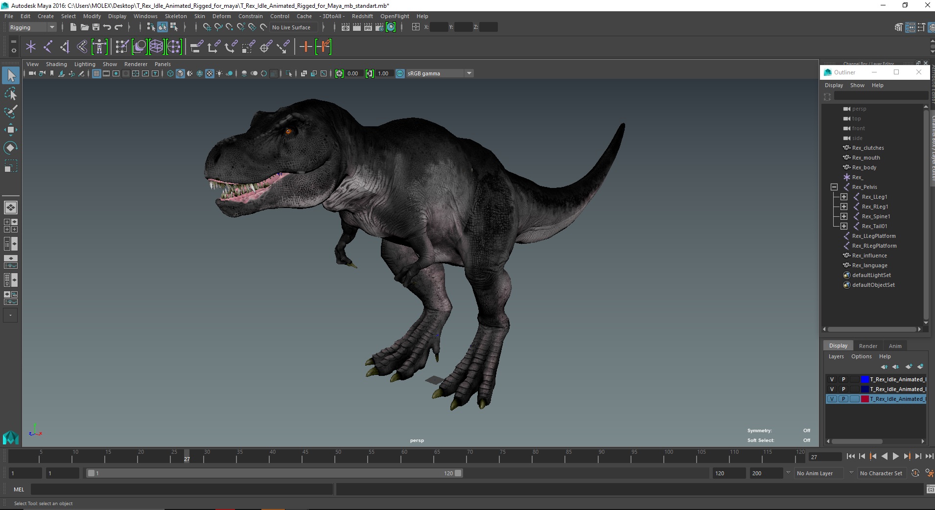 3D model T Rex Idle Animated Rigged for Maya