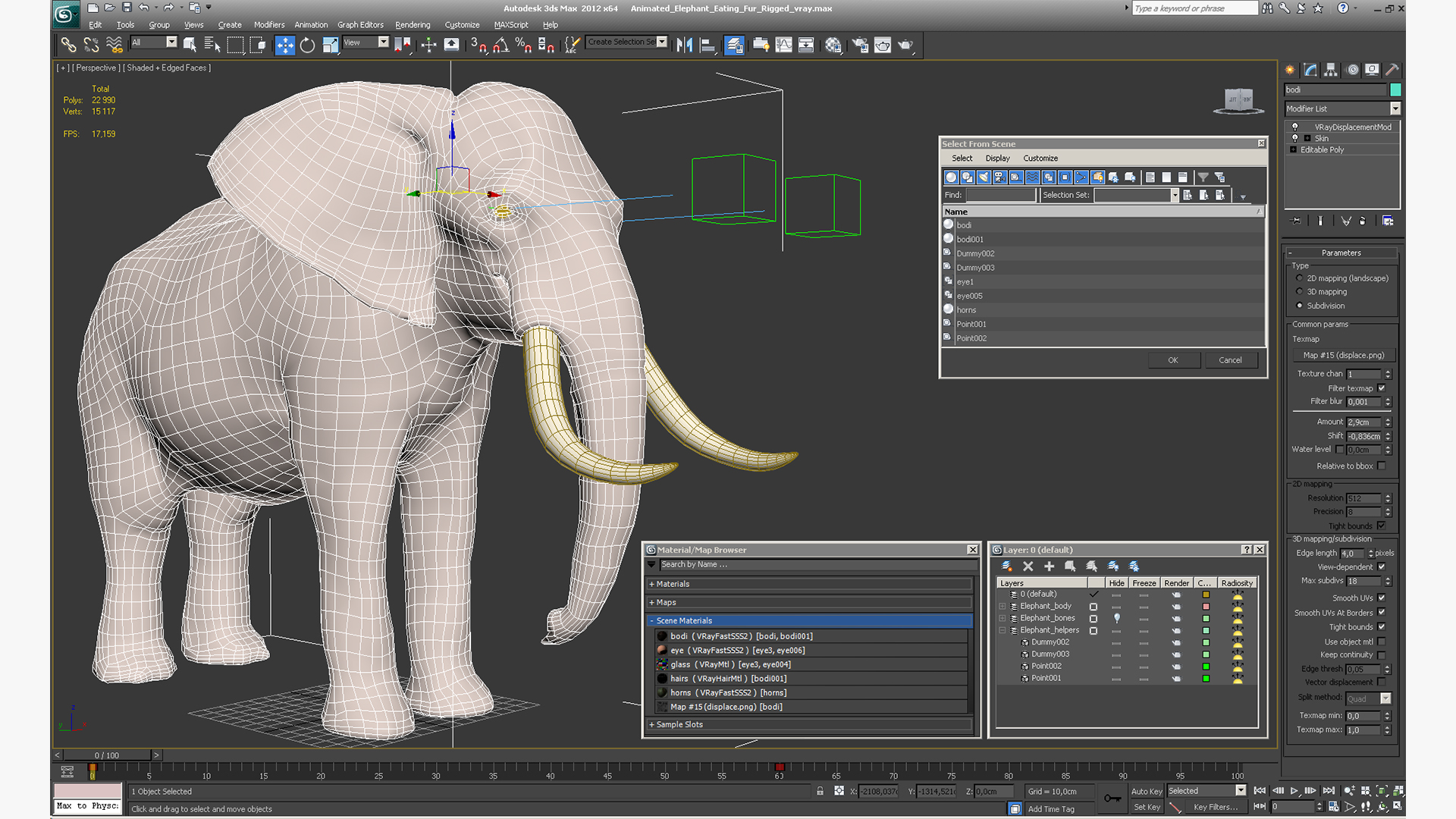 3D model Animated Elephant Eating Fur Rigged