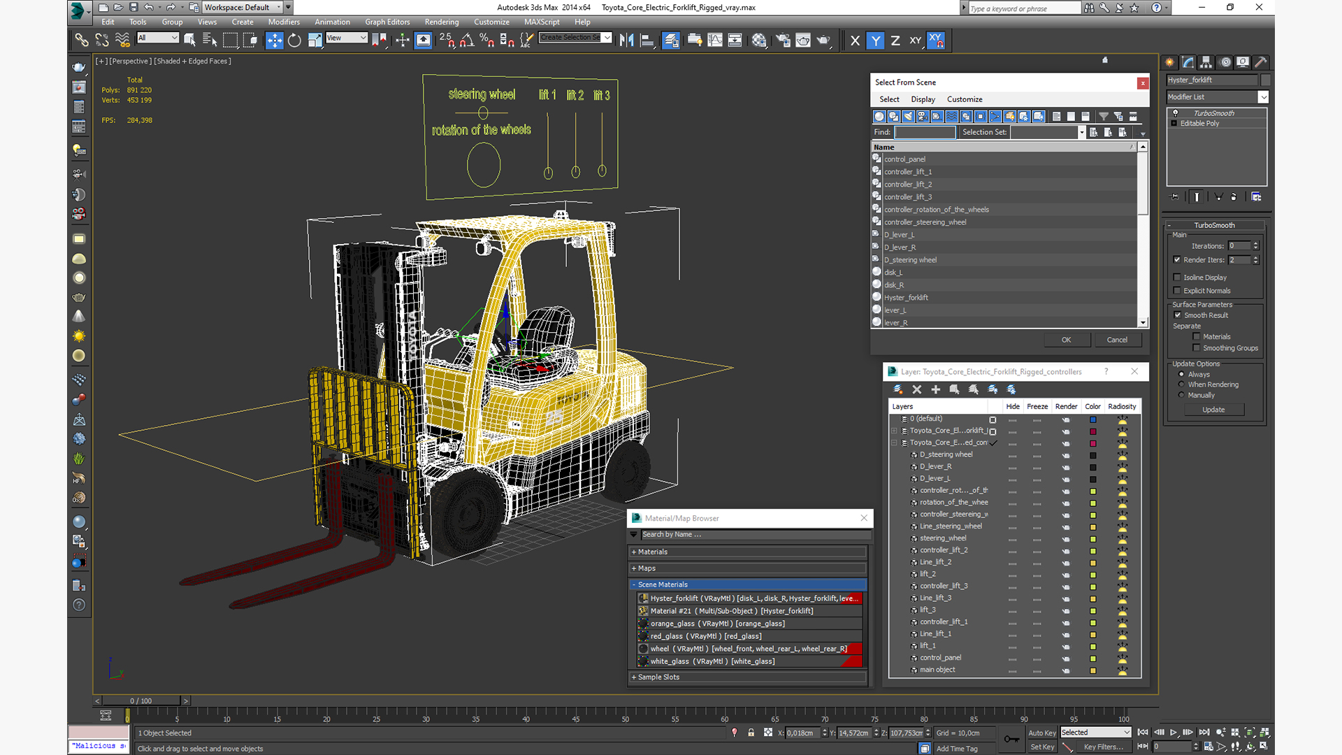 3D model Toyota Core Electric Forklift Rigged for Cinema 4D